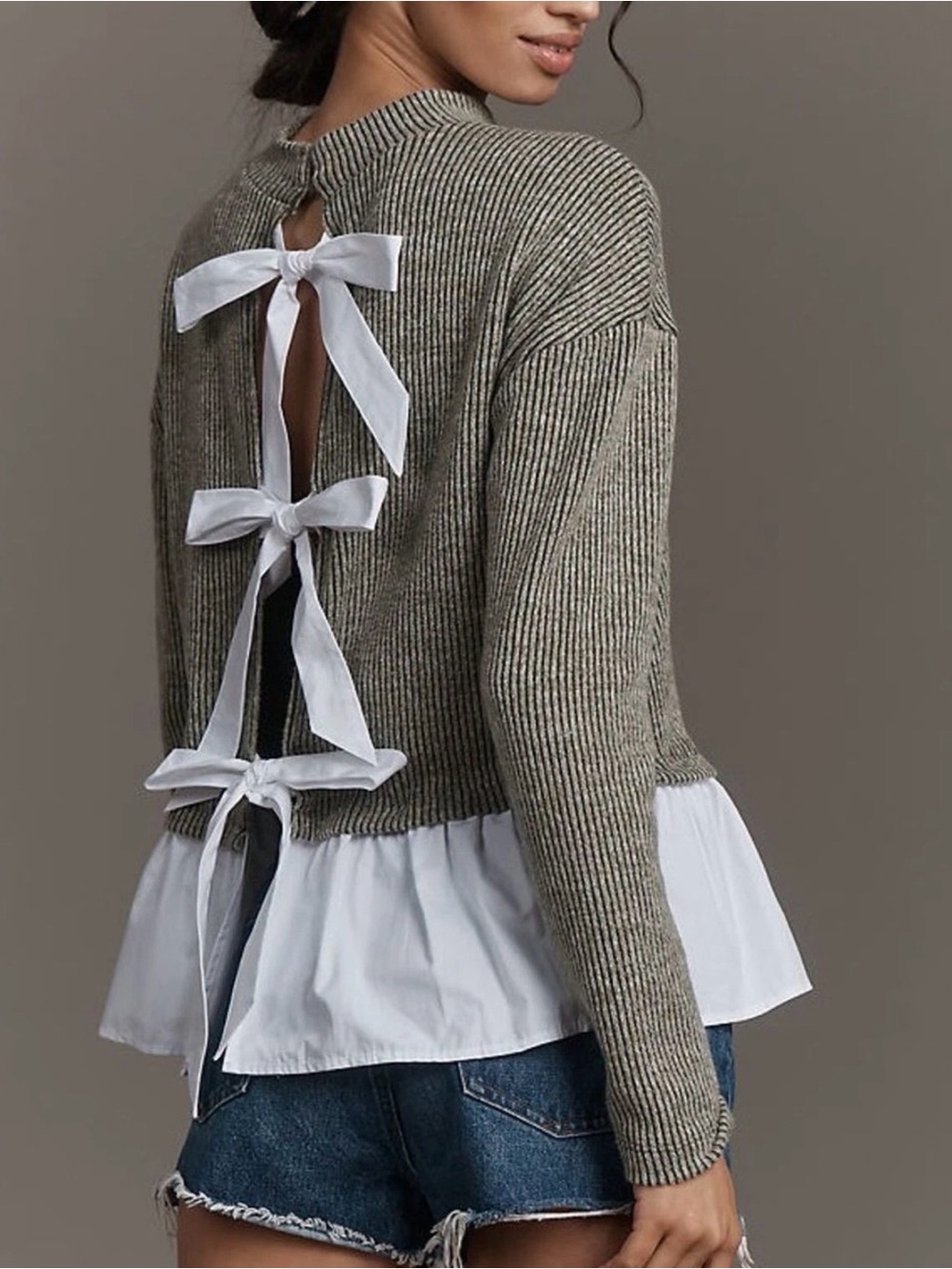 Maeve Anthropologie Long-Sleeve Bow-Back Twofer Peplum Top Olive - Large